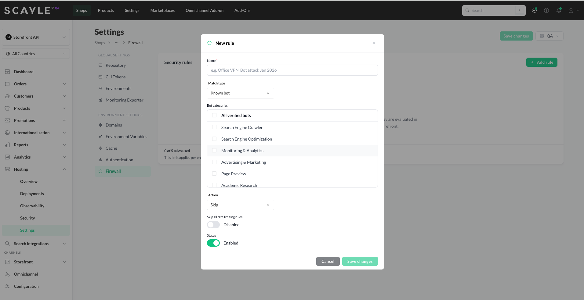 New rule dialog with Known bot match type selected, showing bot categories